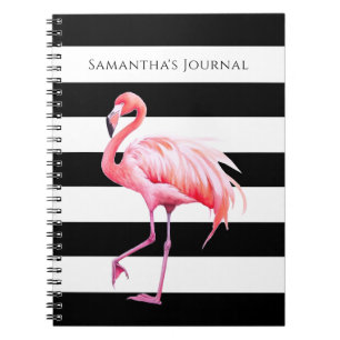 Carnet Bandes noires et blanches Flamant rose rose Nom pe