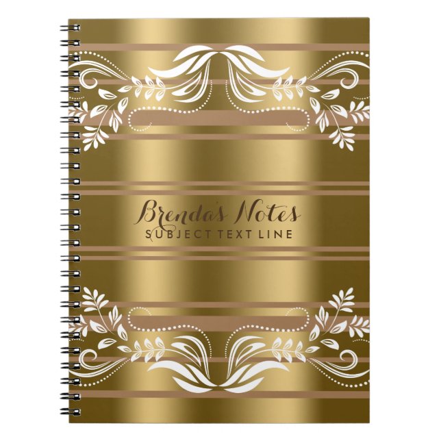 Carnet Bandes Or Et Tan Avec Dentelle Florale Blanche (Devant)