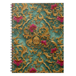 Carnet Baroque Floral Émeraude avec Ornements Dorés