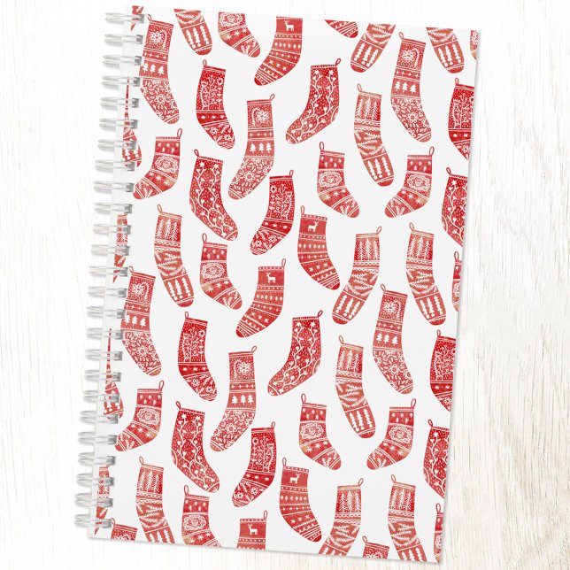 Carnet Bas nordiques rouge et blanc (Nordic Stockings red and white Scandinavian festive Christmas pattern notebook with custom interior)
