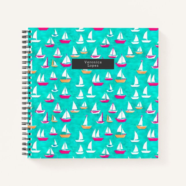 Carnet Bateaux à voile Motif Rose & Aqua (Devant)