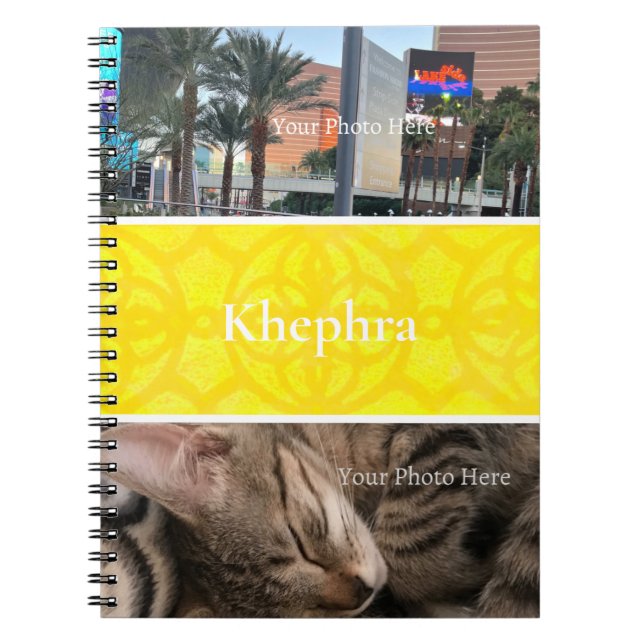 Carnet Batik jaune vif Collage photo, Bordure, Nom (Devant)