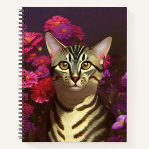 Carnet Beau chat égyptien Mau dans un jardin de nuit