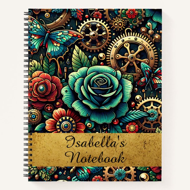 Carnet Beau Steampunk Gears à thème et Roses (Devant)