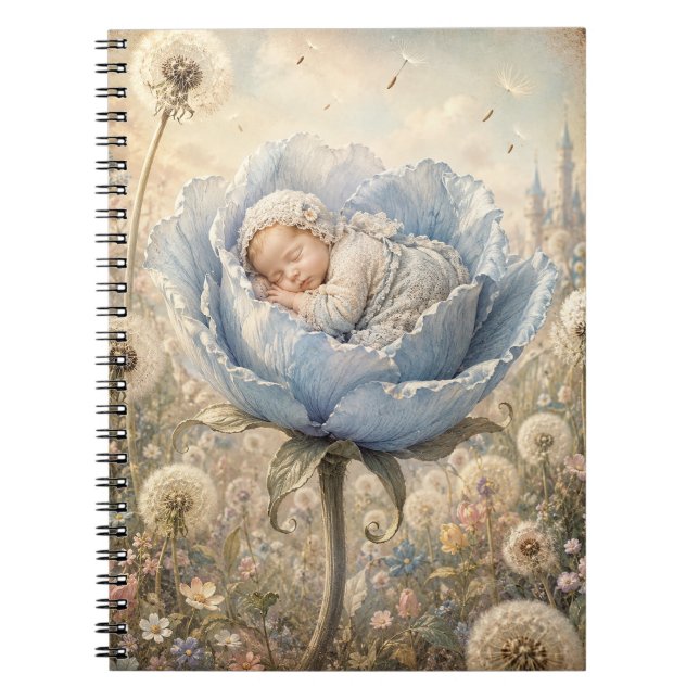 Carnet Bébé endormi dans une fleur bleue  (Devant)