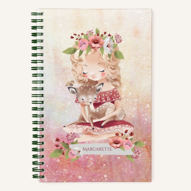 Carnet Belle Fille Cerf Jolie Illustration Florale (Recto)