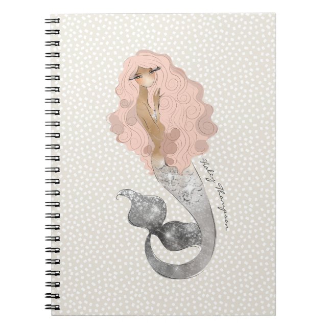 Carnet Belle Sirène en Cheveux rose avec votre nom (Devant)