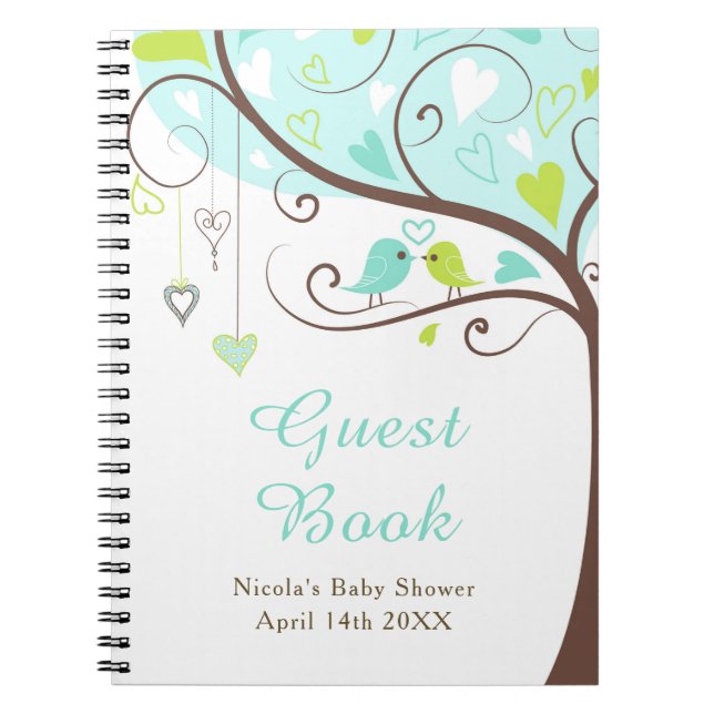 Carnet Birds Hearts Tree Blue and Green Baby Shower (Devant)