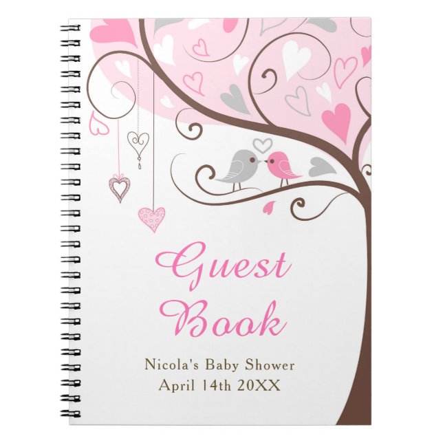Carnet Birds Hearts Tree Pink Baby Shower (Devant)