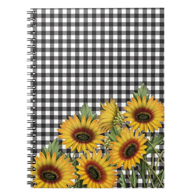 Carnet Bison noir et blanc Plaid Tournesols jaunes (Devant)