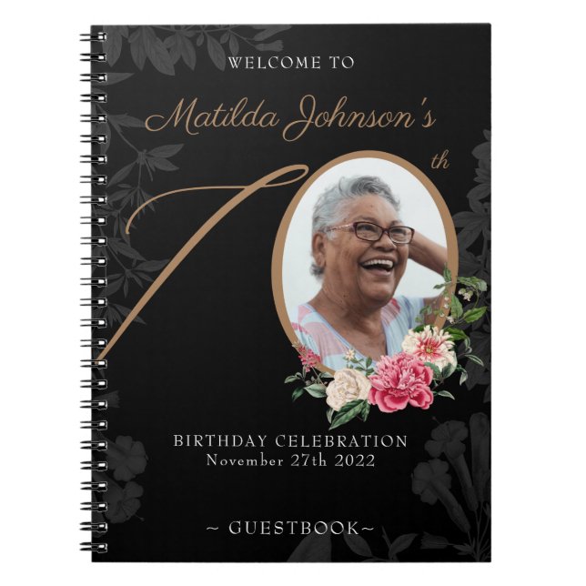 Carnet Black Gold 70th Birthday Floral Photo Guestbook (Devant)