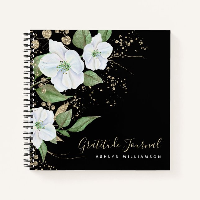 Carnet Black Gold Script Floral Aquarelle Chic Gratitude (Devant)