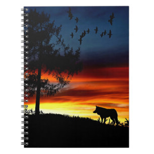 Carnet Black Silhouette of Wolf, Birds and Tree in Sunset