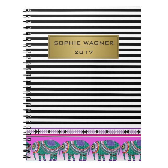 Carnet Black Stripes Ornate Elephant Moderne (Devant)