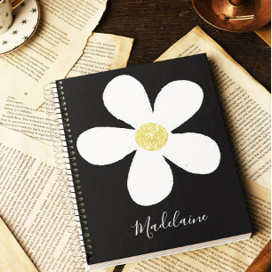 Carnet Black White Simple Daisy Gold Personal School