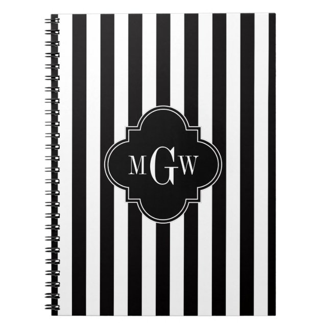 Carnet Black White Stripe Black Quatrefoil 3 Monogramme (Devant)
