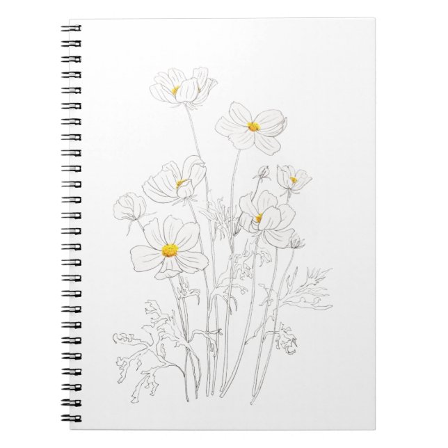 Carnet blanc cosmos fleurs encre et aquarelle (Devant)