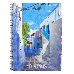 Carnet Bleu blanc élégant Mykonos Grèce Aquarelle