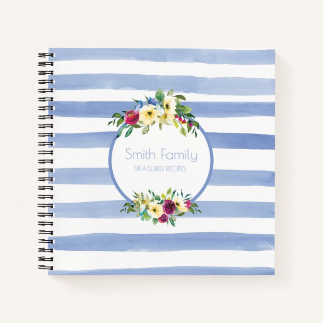 Carnet Bleu blanc rayures violet jaune Floral Recette (Devant)