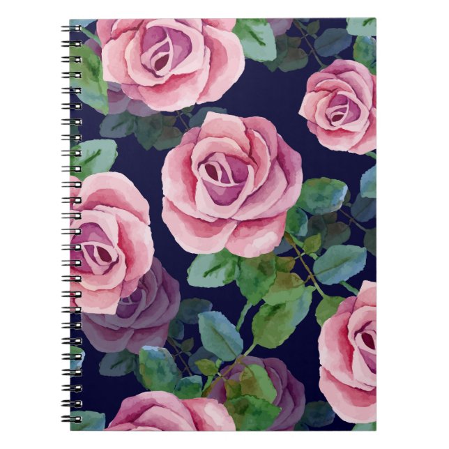 Carnet Bleu foncé, Roses Roses Rose Aquarelle. (Devant)