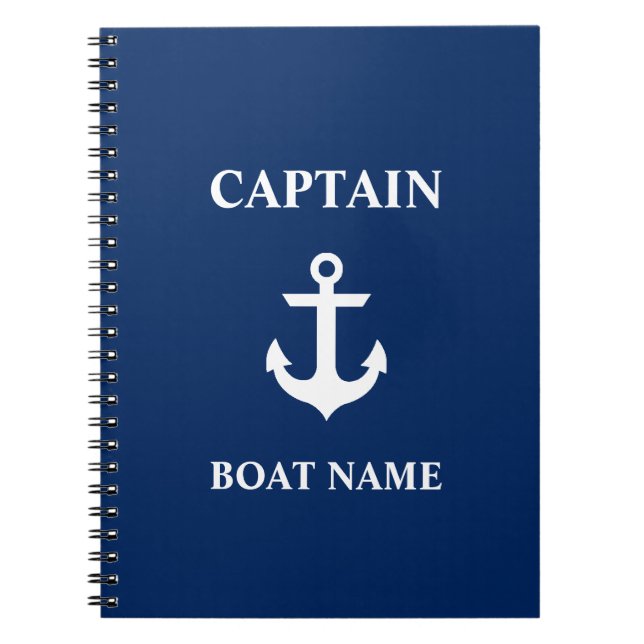 Carnet Bleu marine nautique de capitaine Boat Name Anchor (Devant)