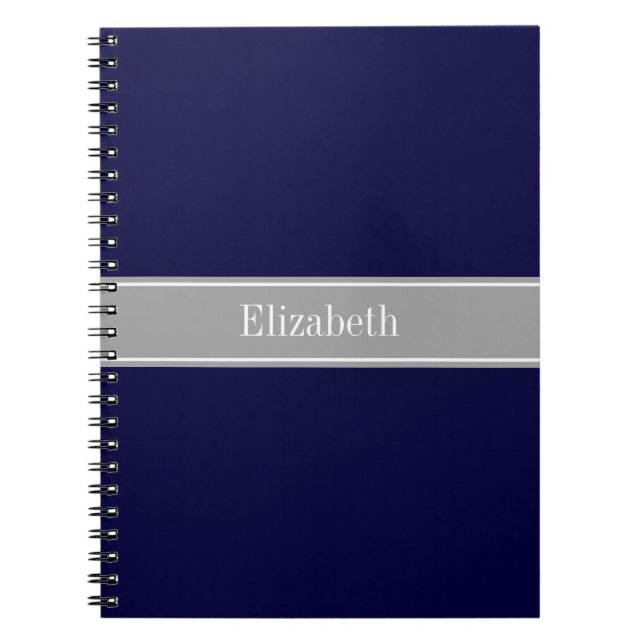 Carnet Bleu marine uni, monogramme avec ruban gris foncé (Devant)