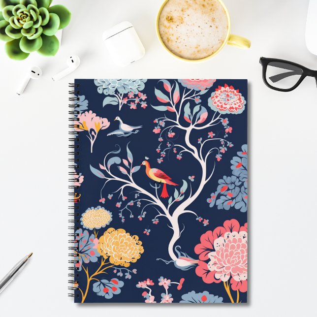 Carnet Bleu Nuit et Motif Floral Oiseaux Rose (Créateur téléchargé)