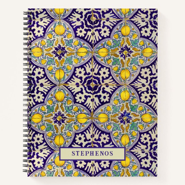 Carnet Bleu personnalisé Motif méditerranéen Fleurs jaune (Devant)