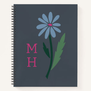 Carnet Bleu Rétro Floral Rose Monogramme Ardoise Grise