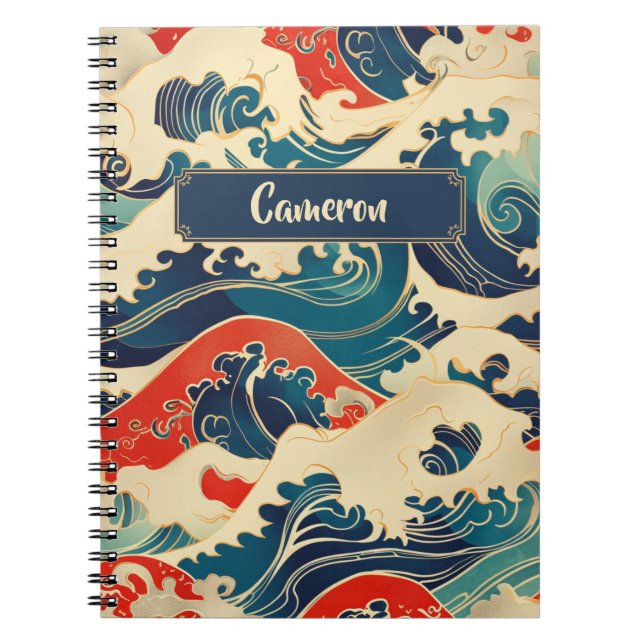 Carnet Bleu Rouge Blanc Océan Japonais Vague Art Traditio (Devant)