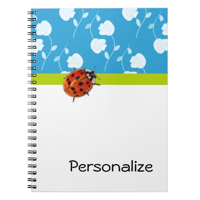 Carnet Bleu tendance Ladybug Floral avec nom (Devant)