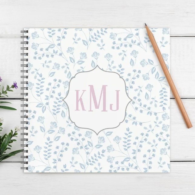 Carnet Blue Floral Cute Chic Motif Monogrammes Initiales (Pretty blue floral pattern square notebook with pink monogram initials)