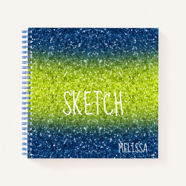 Carnet Blue Lime Ombre Parties scintillant Monogram Sketc (Devant)