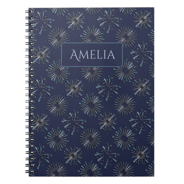 Carnet Blue Ornate Firework Pattern Personalised Elegant (Devant)