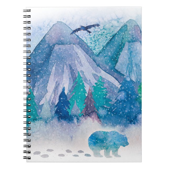 Carnet Blue Watercolor Winter Mountain Landscape Art (Devant)