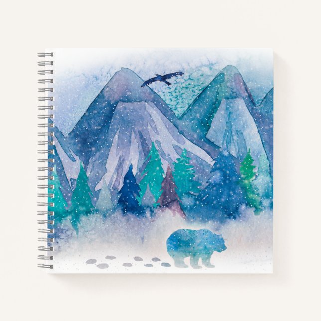 Carnet Blue Watercolor Winter Mountain Landscape Art (Devant)