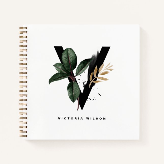 Carnet Boho Aquarelle Tropical Feuille Lettre V Monogramm (Devant)