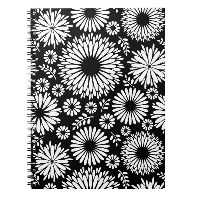 Carnet Boho fleurs Motif floral vectoriel noir et blanc (Devant)