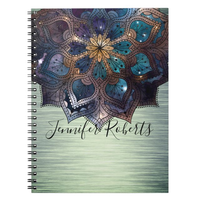 Carnet Boho Floral Blue Gold Mandala Chic Green Metallic (Devant)