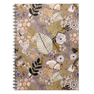 Carnet Boho Noir Blanc Or Pêche Feuille Floral Dessiné