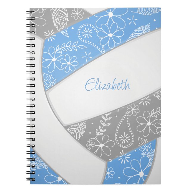 Carnet Boho plumes paislies bleu gris volleyball (Devant)