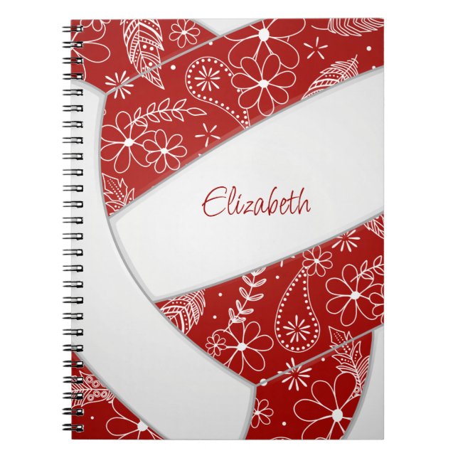 Carnet Boho plumes paislies rouge blanc volleyball (Devant)