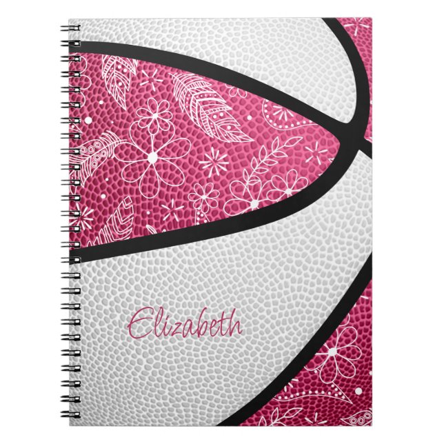 Carnet Boho sports doodle plumes rose blanc basketball (Devant)