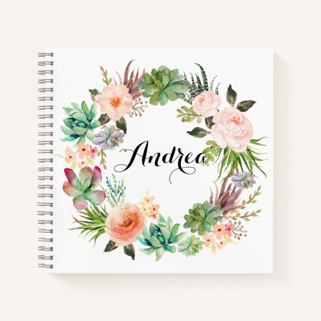 Carnet Boho Succulents Floral Wreath Personnalisable (Devant)