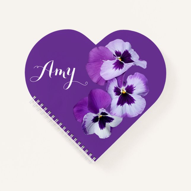 Carnet Boho tendance Amy nom purple pansé coeur floral (Devant)