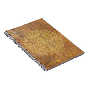 CARNET BOIS RUSTIQUE AVEC MANDALA EN OR - NOM