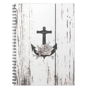 Carnet Bois rustique côtier ancre marine floral vintage