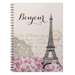 Carnet Bonjour Vintage Tour Eiffel Collage avec Fleurs