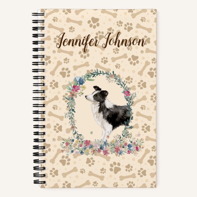 Carnet Bordure Collie Chien Empreinte de patte & Floral C (Recto)