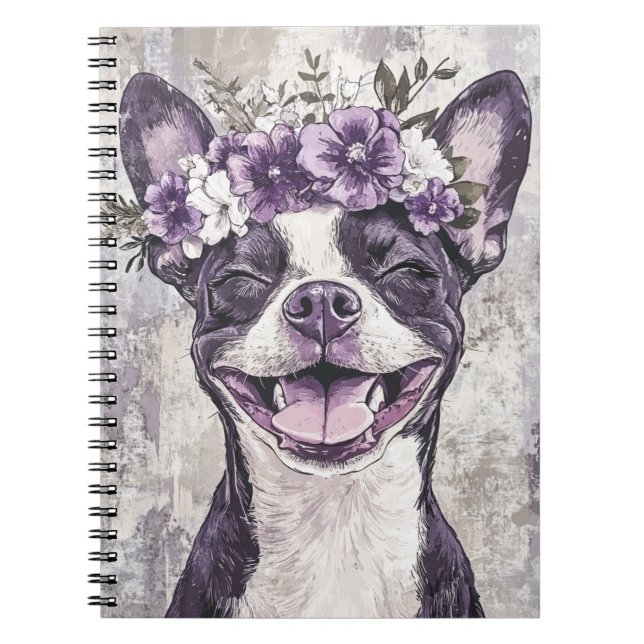 Carnet Boston Terrier Chien Purple Floral (Devant)